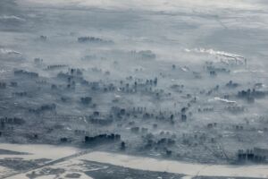 An aerial view of the polluted city Harbin waking up in the cold morning.
At the moment, some 120 million cars are jostling on the Chinese roads. By 2020, the Ministry of Industry and Information Technology predicts an additional 80 million will have entered the fray.
Combined with all the industry and too many coal power plants most of the cities in China are very or most of the time too polluted.
Harbin, China